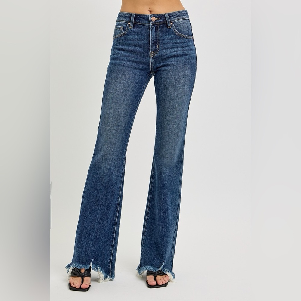 RISEN Mid Rise Flare Frayed Hem Jeans